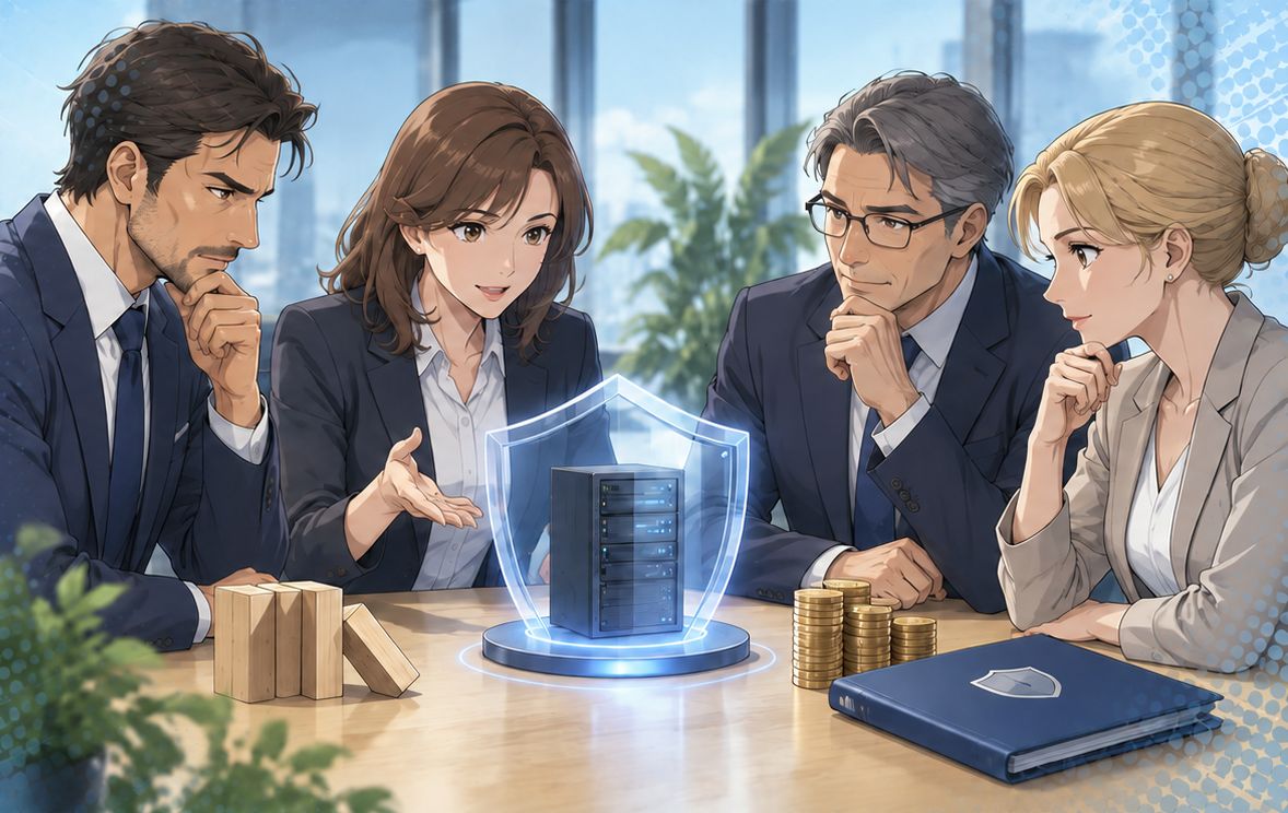 Illustration: Führungsteam wägt am Tisch Schutzmaßnahmen, Kosten und Restrisiko für einen Server ab