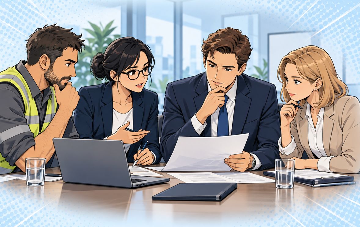 Illustration: Führungskraft, Produktionsmitarbeiter und Kolleginnen bewerten gemeinsam Cyberrisiken am Besprechungstisch