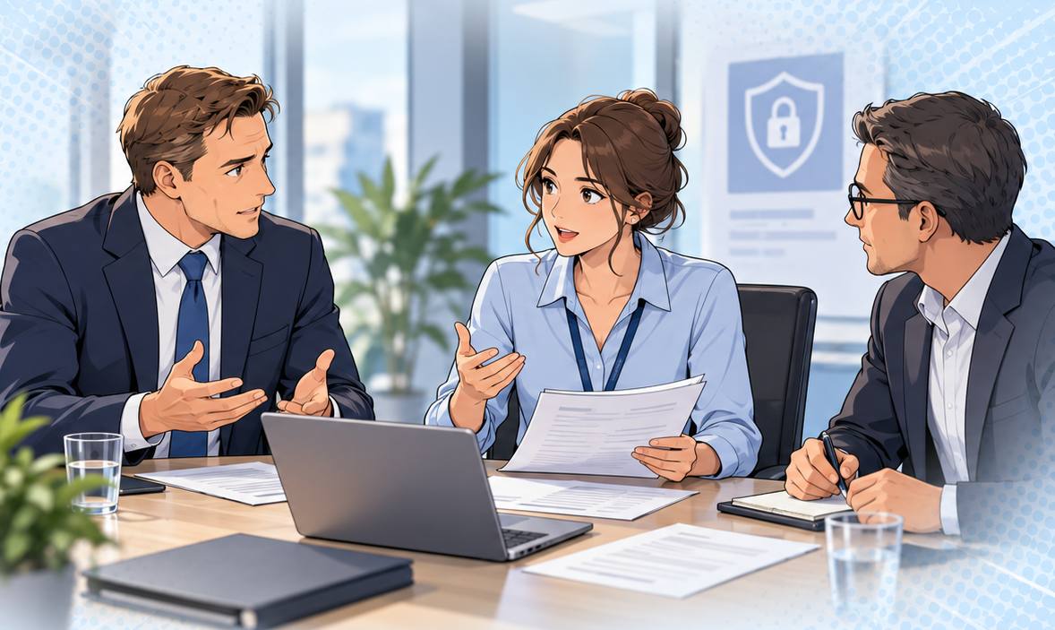 Illustration: Drei Führungskräfte besprechen am Tisch mit Laptop und Unterlagen Fragen zur Informationssicherheit