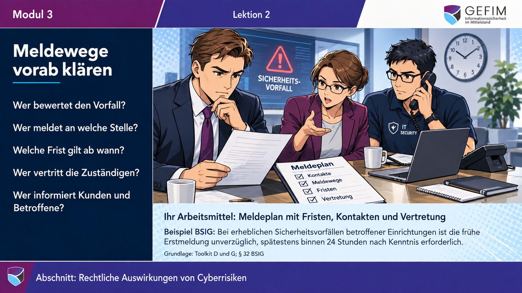 Lektionsfolie: Meldewege vorab klären – Leitfragen und Meldeplan mit Fristen, Kontakten und Vertretung