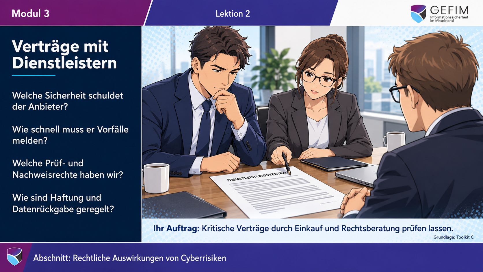 Lektionsfolie: Verträge mit Dienstleistern – Sicherheitsleistungen, Meldefristen, Prüfrechte und Haftung klären