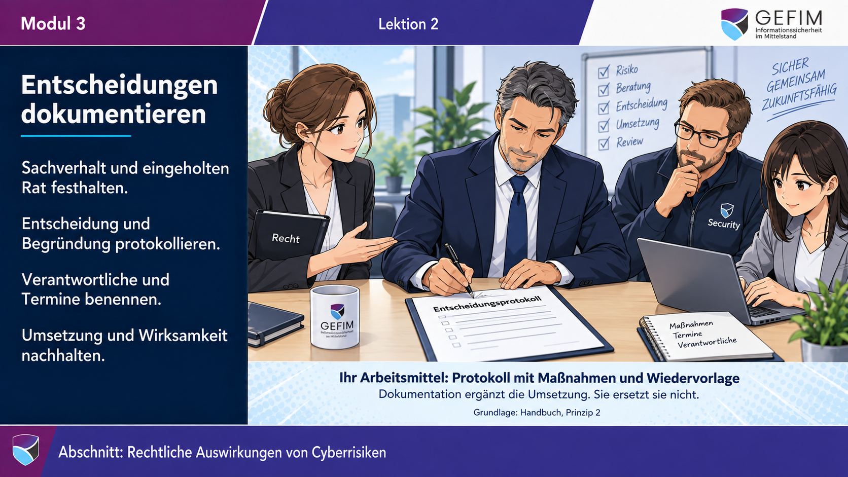 Lektionsfolie: Entscheidungen dokumentieren – Arbeitsmittel Protokoll mit Maßnahmen und Wiedervorlage