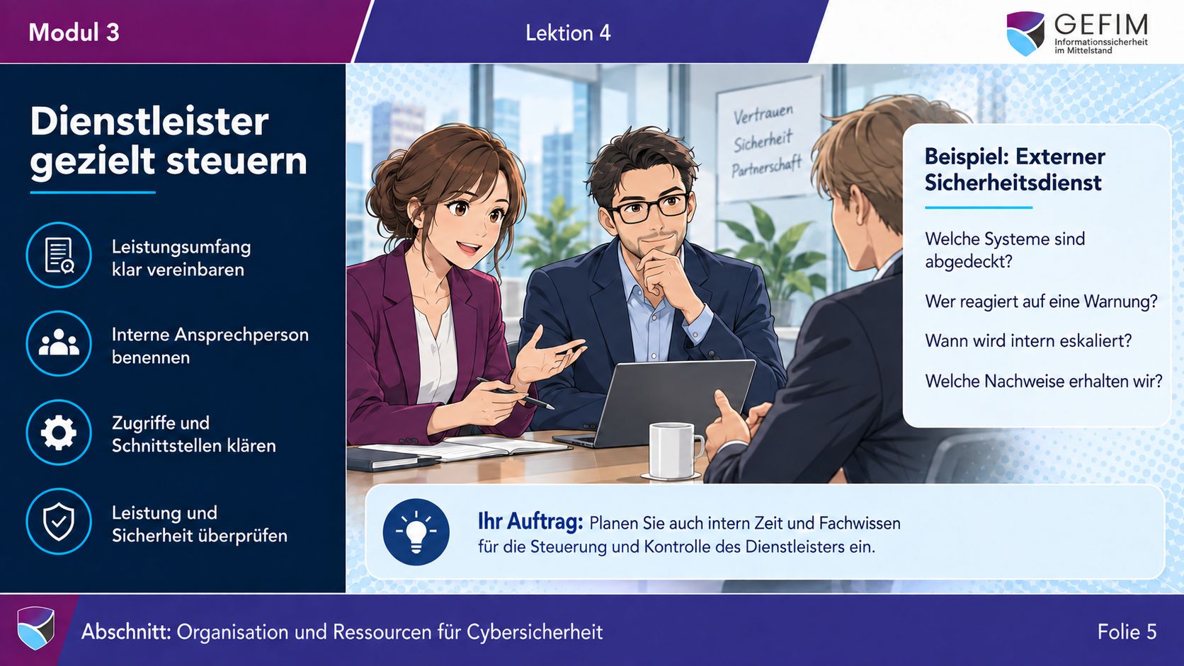 Lektionsfolie: Dienstleister gezielt steuern – Leistungsumfang, Ansprechperson, Zugriffe und Kontrolle