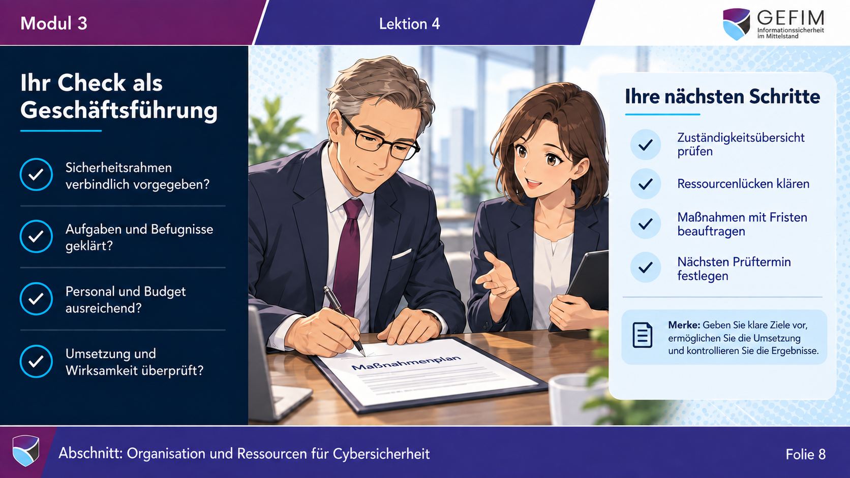 Lektionsfolie: Ihr Check als Geschäftsführung – Checkliste und nächste Schritte zu Organisation und Ressourcen