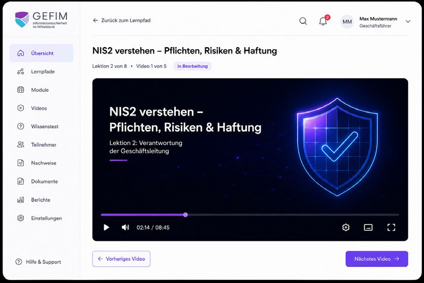 Ansicht der GEFIM-Schulungsplattform: Lektion „NIS2 verstehen – Pflichten, Risiken und Haftung“ mit Lernpfad-Navigation und Fortschritt.